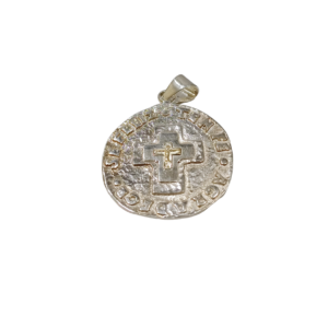 Dije cruz rústica en plata y oro