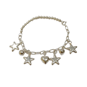 Pulsera combinada bolas, estrellas y corazones en plata