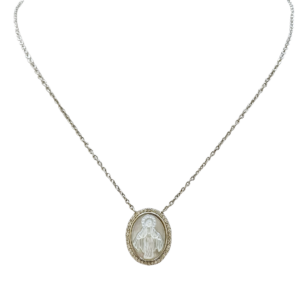 Cadena de plata con dije Virgen Milagrosa con nacar y circonias
