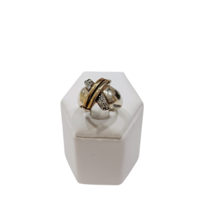 Anillo cruzado plata y oro con circonias