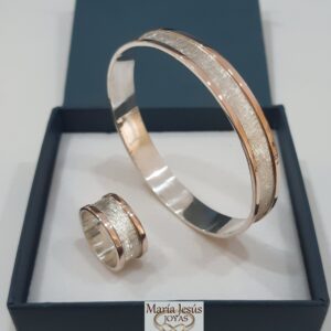 Conjunto esclava de plata 10 mm y anillo con borde en oro 9 kilates