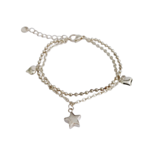 Pulsera de plata doble con dijes de corazon y estrella