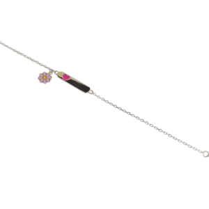 Pulsera de identidad en plata para niña con dije flor esmaltada